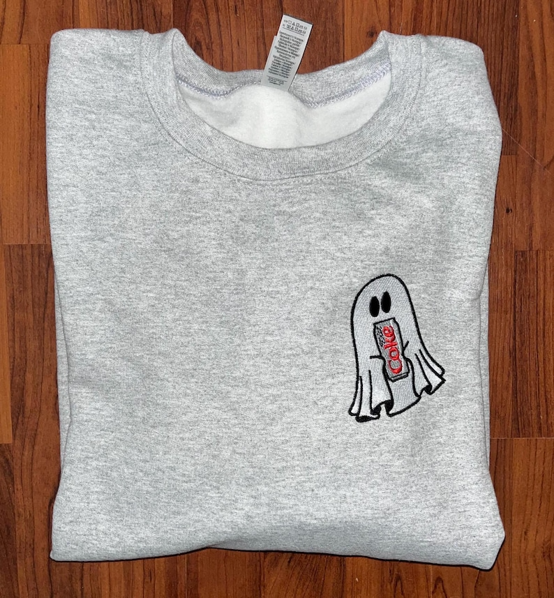 Ghost with Soda Can Embroidered Sweatshirt – Cute Cartoon Ghost Graphic Sweatshirt