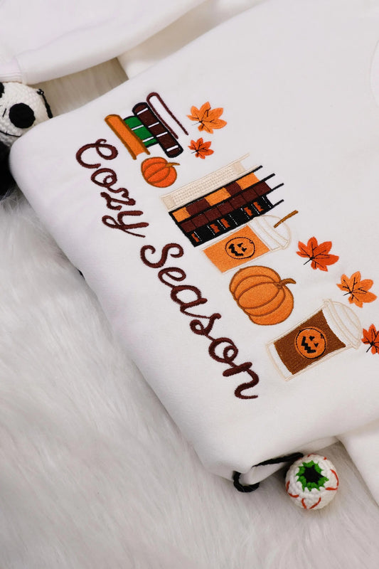 Cozy Season Embroidered Sweatshirt Fall Pumpkin Book Lover Halloween Coffee Aesthetic Autumn Reading Gift Cute Comfy Bookish Crewneck