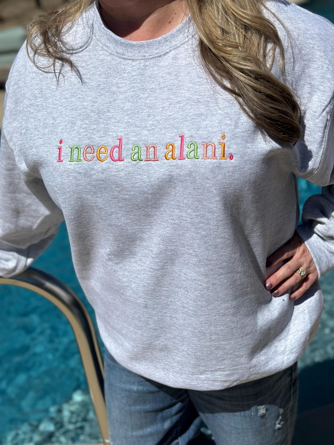 Colorful "I Need an Alani" Embroidered Sweatshirt Funny Energy Drink Lover Gift Cozy Aesthetic Pullover for Women Trendy Alani Vibes