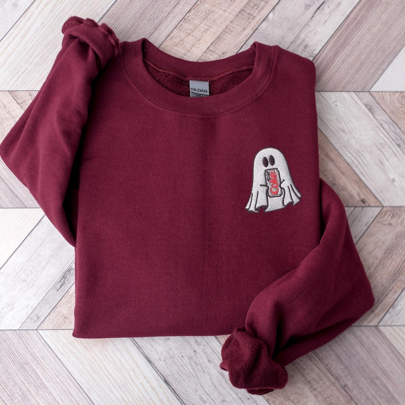 Ghost with Soda Can Embroidered Sweatshirt – Cute Cartoon Ghost Graphic Sweatshirt