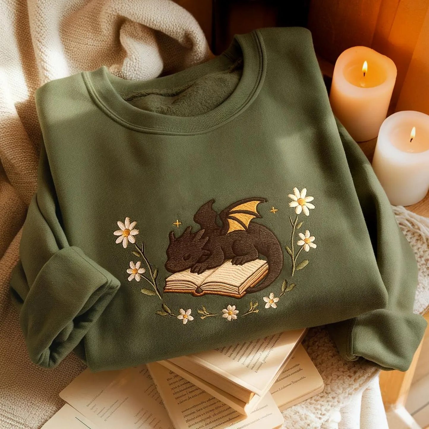 Whimsical Embroidered Dragon Sweatshirt Cozy Book Lover Gift Fantasy Floral Pullover Cottagecore Aesthetic Reading Crewneck