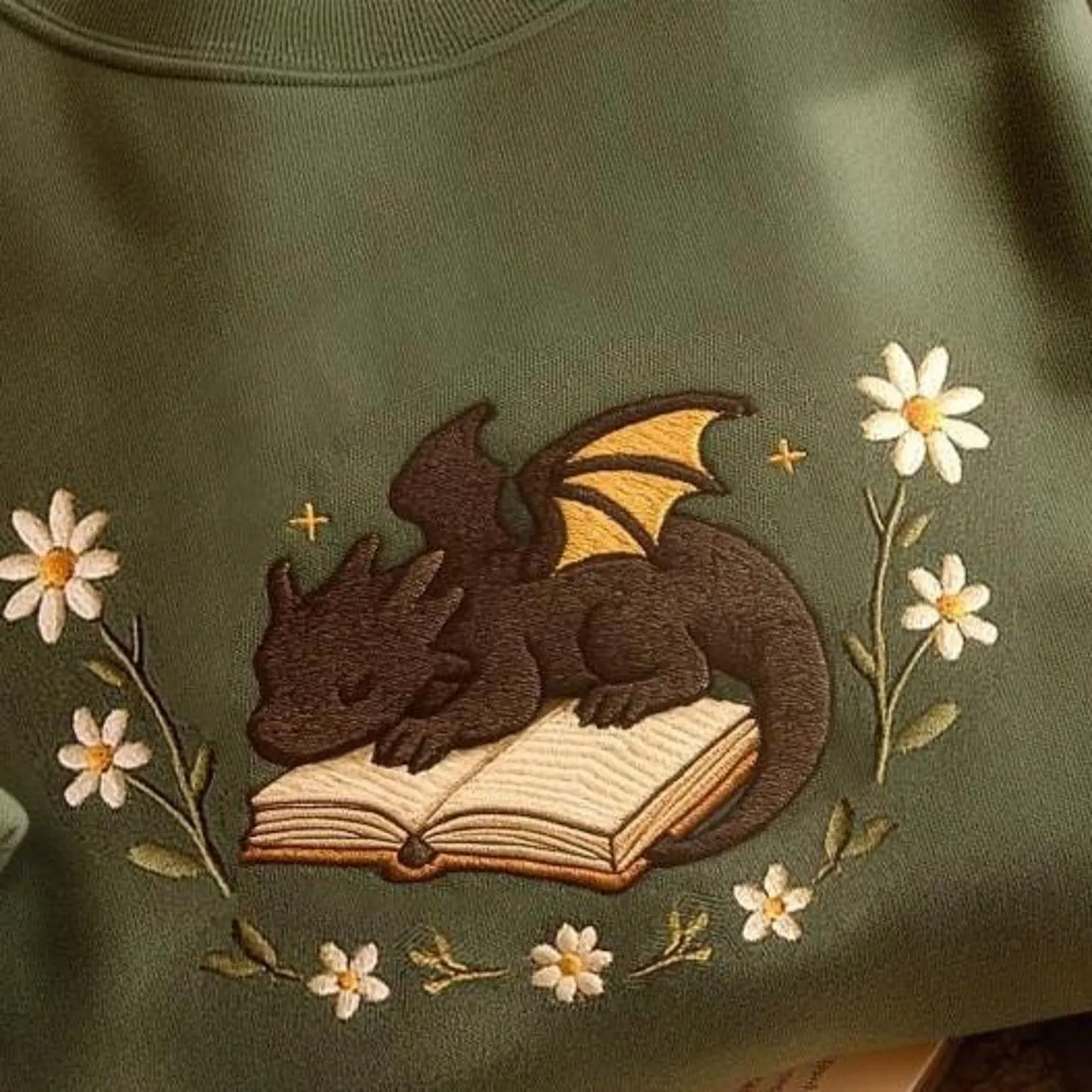 Whimsical Embroidered Dragon Sweatshirt Cozy Book Lover Gift Fantasy Floral Pullover Cottagecore Aesthetic Reading Crewneck