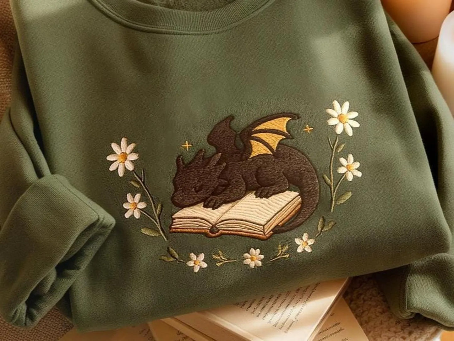 Whimsical Embroidered Dragon Sweatshirt Cozy Book Lover Gift Fantasy Floral Pullover Cottagecore Aesthetic Reading Crewneck