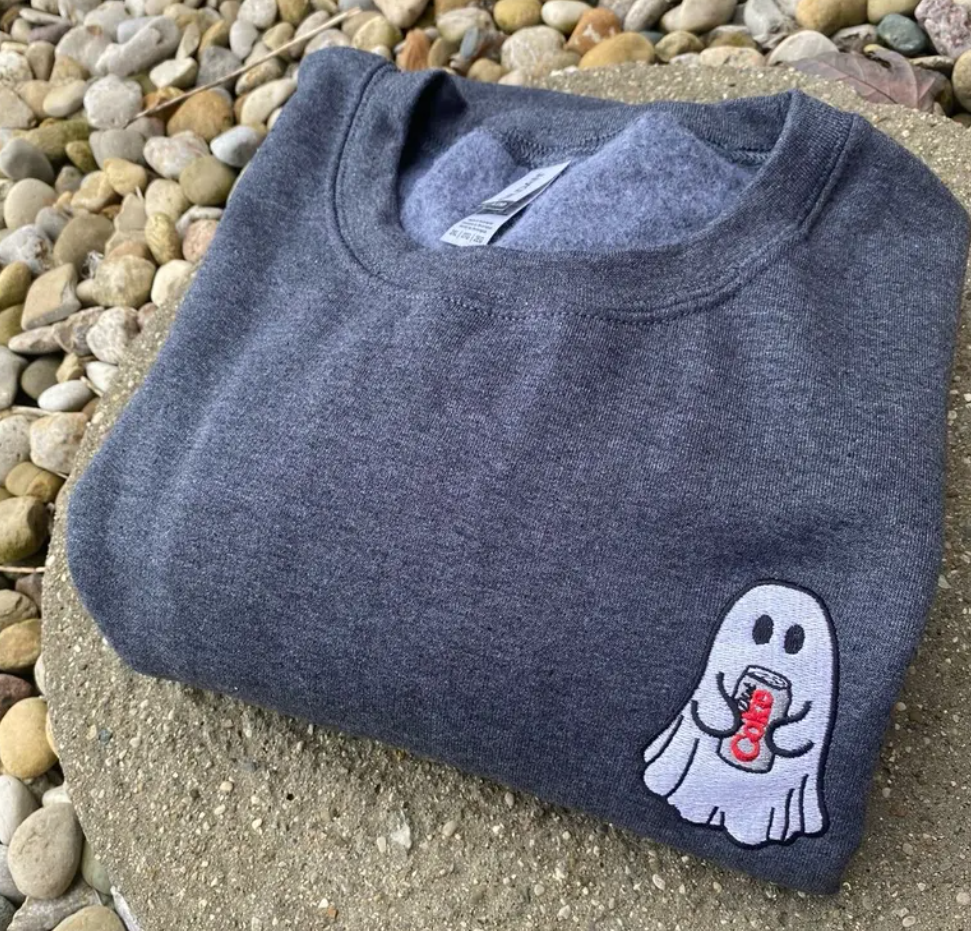 Ghost with Soda Can Embroidered Sweatshirt – Cute Cartoon Ghost Graphic Sweatshirt