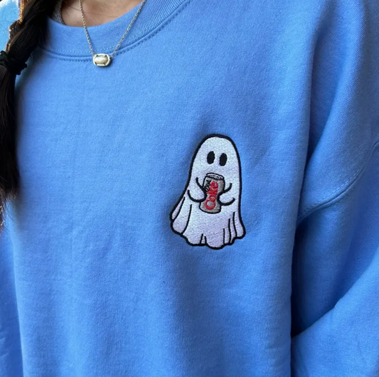 Ghost with Soda Can Embroidered Sweatshirt – Cute Cartoon Ghost Graphic Sweatshirt