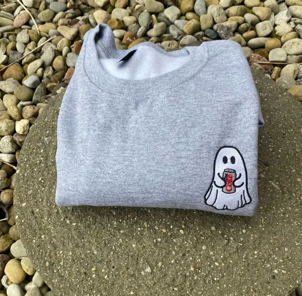 Ghost with Soda Can Embroidered Sweatshirt – Cute Cartoon Ghost Graphic Sweatshirt