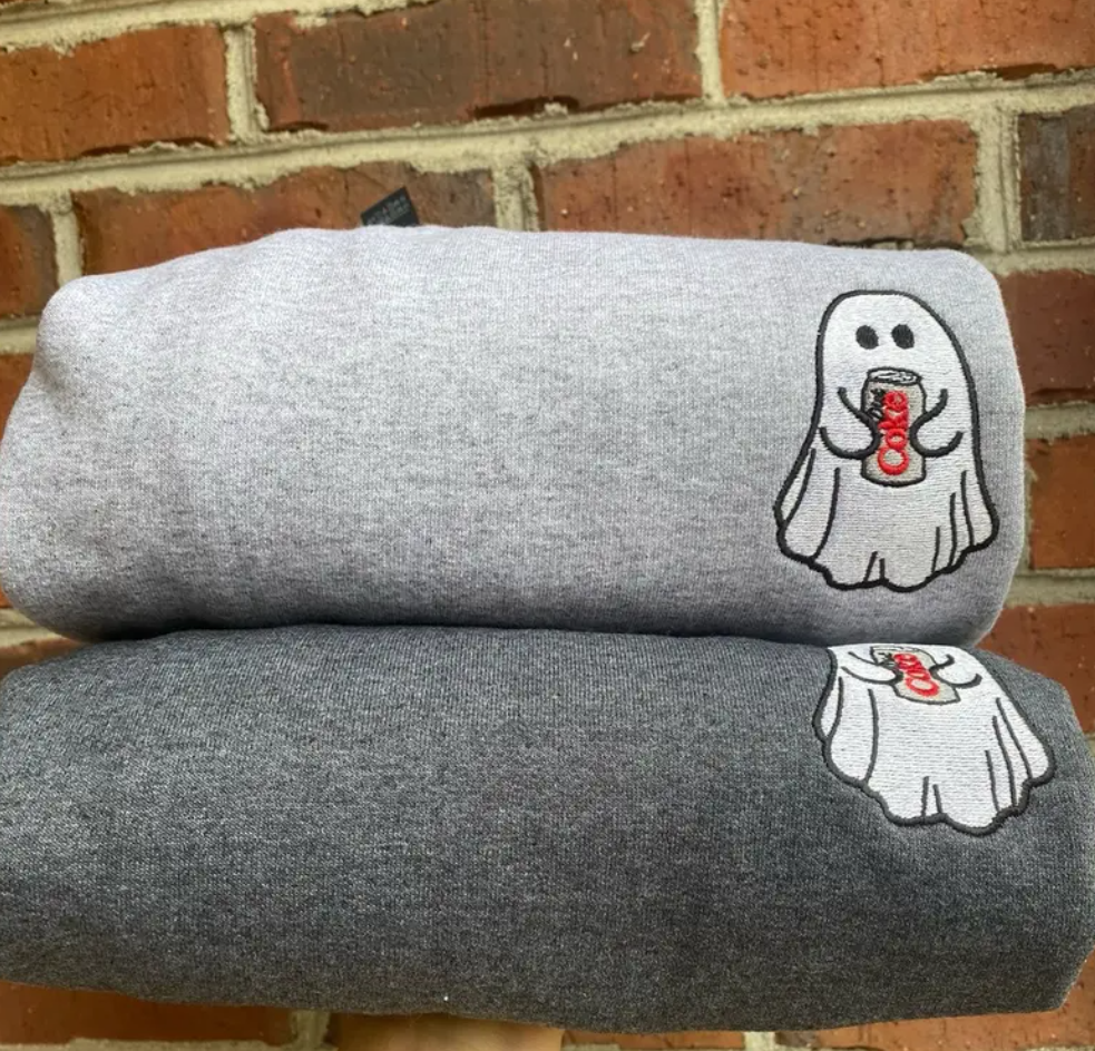 Ghost with Soda Can Embroidered Sweatshirt – Cute Cartoon Ghost Graphic Sweatshirt