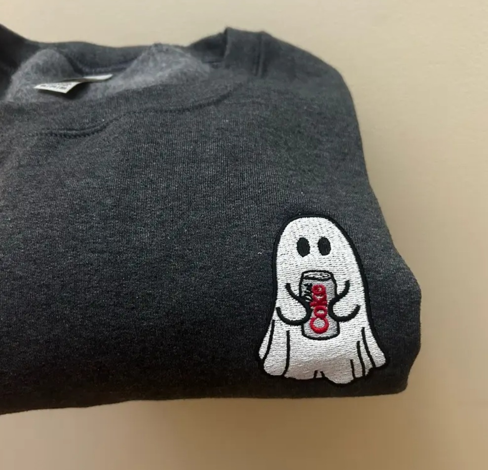 Ghost with Soda Can Embroidered Sweatshirt – Cute Cartoon Ghost Graphic Sweatshirt