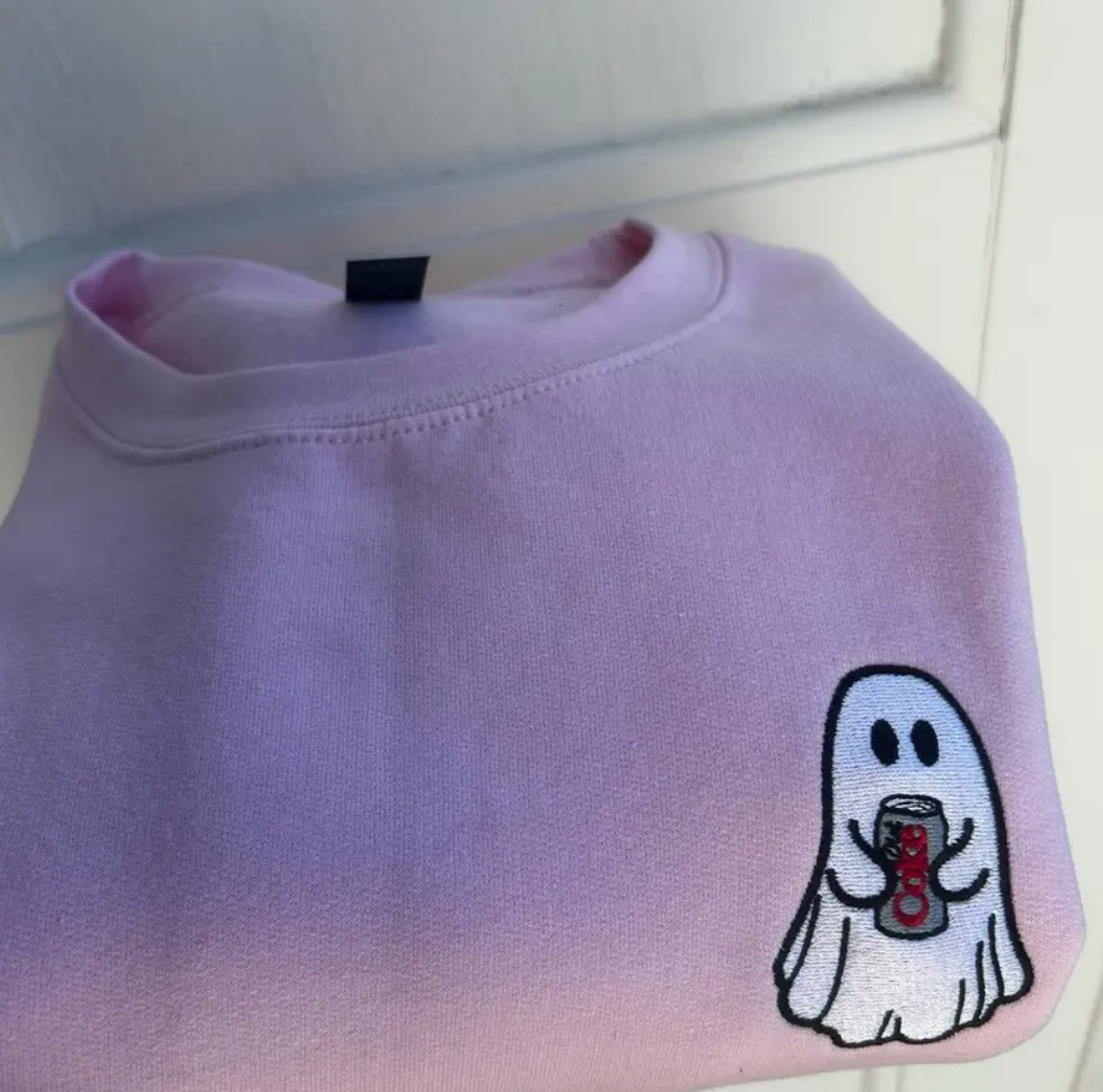 Ghost with Soda Can Embroidered Sweatshirt – Cute Cartoon Ghost Graphic Sweatshirt
